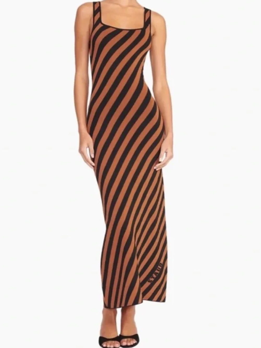 STAUD Brown and Black Diagonal Stripe Maxi Dress